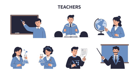 Collection of seven flatstyle illustrations depicting various teachers in educational roles