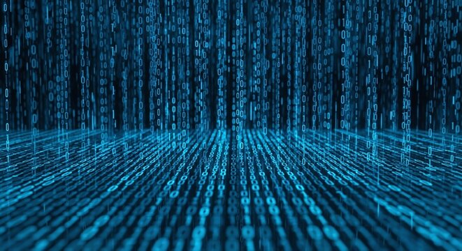 Abstract digital background with blue binary code cascading down, symbolizing data flow, information technology, and the digital age