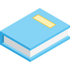 A Closed Light Blue Book With A Yellow Rectangular Label On The Cover And White Pages Renders In A Flat Isometric Style With A Transparent Background