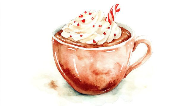 Cozy watercolor cocoa cup with whipped cream and candy cane detail centered on a white backdrop delivering warm comforting Christmas vibes