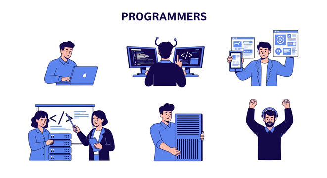 Six illustrations depicting various programmers working on computers and hardware