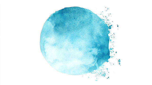 Cyan watercolor circle with clear bright tones smooth saturation and watery bleed effects on white backdrop