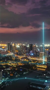 Aerial panoramic hyperlapse shot of large city at dusk. Manila, Philippines. Added augmented reality visual effects