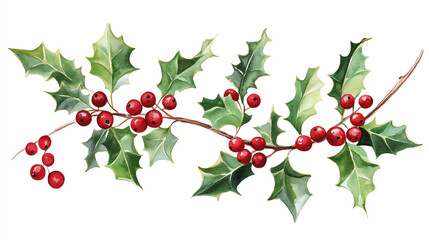 Hand painted watercolor holly branch featuring bright red berries and tender green leaves centered on a white backdrop offering a calm elegant Christmas accent perfect for seasonal