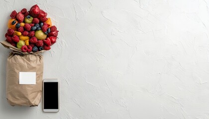 A vibrant bouquet of fresh fruits, including strawberries, blueberries, raspberries, and pears, is arranged in a brown paper bag. A smartphone and a blank white