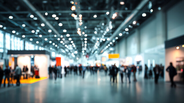 Blurred image of people walking in a conference hall with bright lights and booths, symbolizing networking and events.