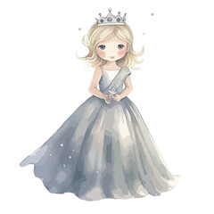 Fototapeta premium Watercolor Princess in Silver Crown and Flowing Gown