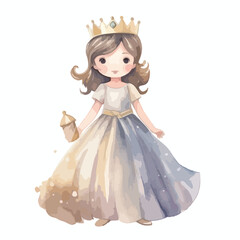 Fototapeta premium Watercolor Princess with Golden Crown and Lantern in a Flowing Gown