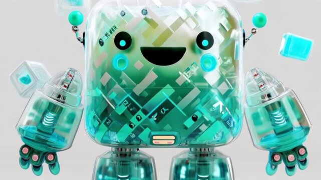 Adorable Transparent Robot Character Animation with Teal Accents and Playful Design.