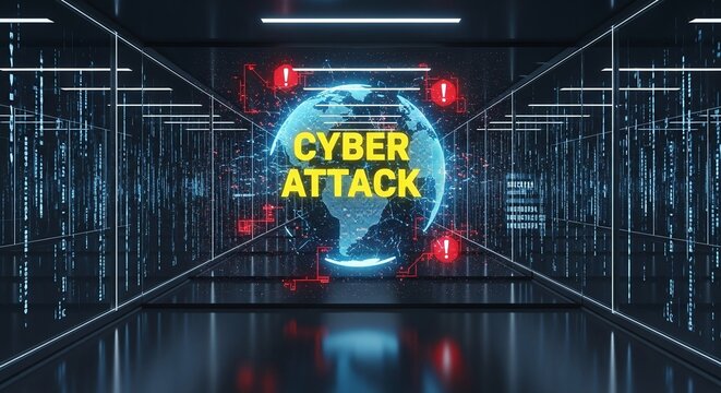 Cyber attack concept with digital earth hologram in dark server room, highlighting the vulnerability of global networks to malicious threats and data breaches