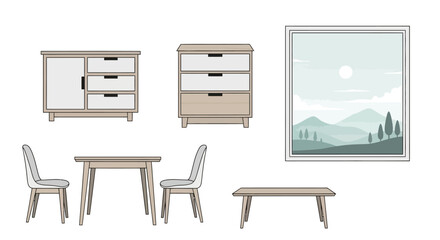 Furniture Set with Cabinets Table Chairs Bench and Wall Art.