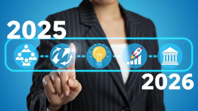 Businessman pointing at a digital timeline showing business growth and future goals from 2025 to 2026 with icons