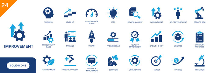 Improvement icon. Includes optimization, productivity raise, upgrade, solution, performance boost. Solid vector icon set.