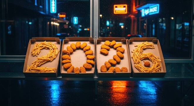 French fries and chicken nuggets spelling out 2023 in boxes on a counter at night with city neon lights outside