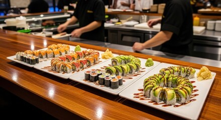 Assortment of fresh sushi rolls beautifully presented on white plates at a busy Japanese restaurant sushi bar