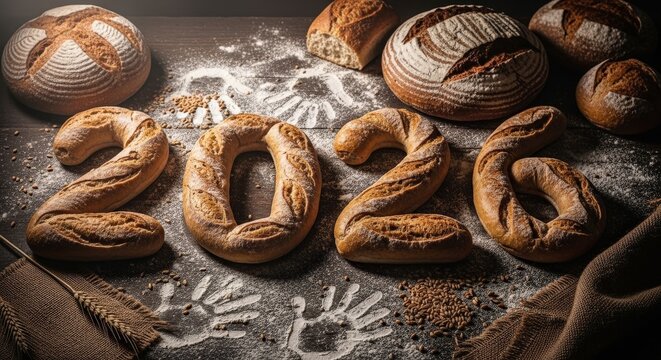 Freshly baked bread forming number 2026 on a wooden table with flour and wheat grains