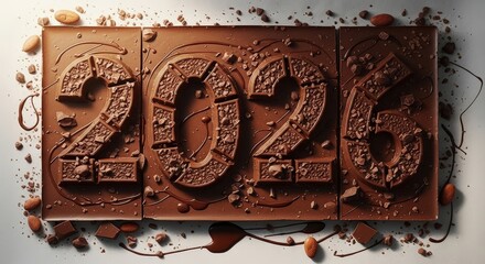 Chocolate numbers 2026 made from broken bars and almonds on a clean white surface