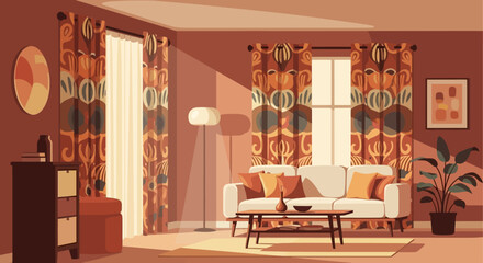 Cozy living room interior with mid-century modern furniture and warm lighting.