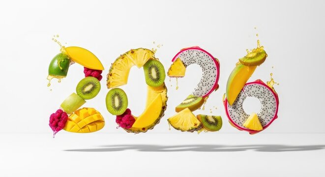 Numbers 2026 created from various fresh tropical fruits and juicy splashes floating on a white background - Powered by Adobe