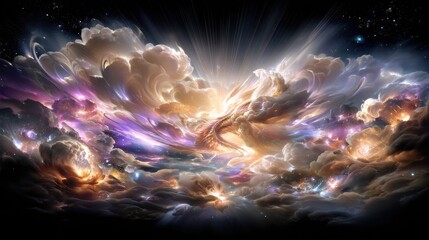 A vibrant cosmic nebula with swirling clouds of purple, orange, and gold, illuminated by a central bright light and a fiery dragon-like form. Stars are visible