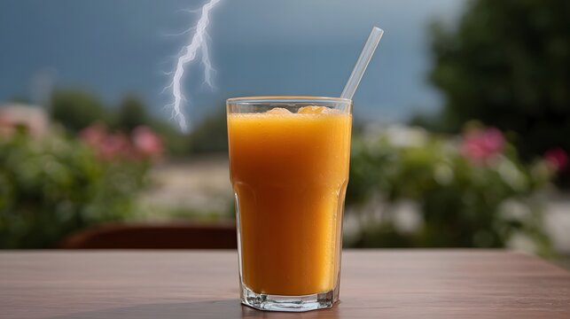 A vibrant orange drink with a straw on a table contrasted by a dramatic lightning strike in a stormy sky