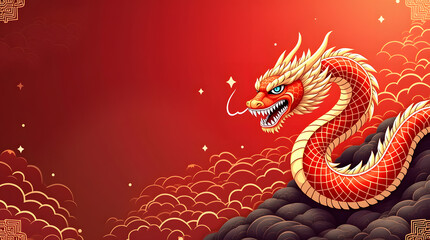 A vibrant red dragon with golden scales and fierce expression, rising above stylized clouds against a fiery background.