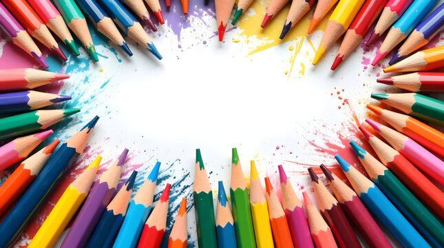 A vibrant array of colored pencils arranged in a circular pattern, creating a colorful frame for artistic expression.