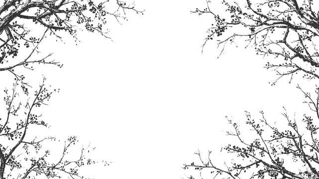 Black ink branches with small leaves against white background tree nature