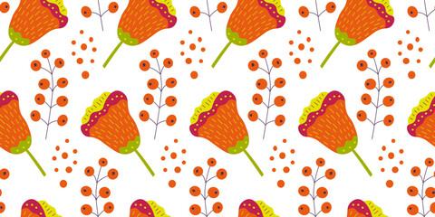 Seamless botanical pattern with orange berries, flowers and circles on a white background for wallpaper, textiles, fabric and wrapping paper.