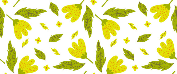 Seamless botanical pattern with yellow flowers and green leaves on a white background for wallpaper, textiles, fabric and wrapping paper.