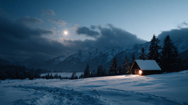 Cozy cabin in snowy mountain landscape at moonlit night with starry sky