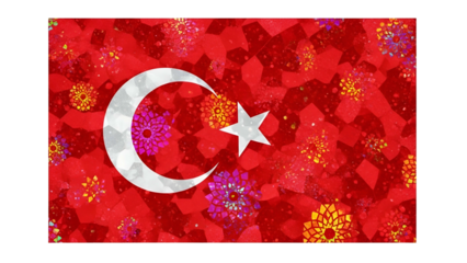 Turkish flag with crescent, star, and a mosaic of colorful flower-like patterns