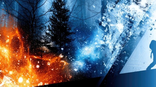 A surreal composite image depicting a stark contrast between fiery, molten earth and icy, crystalline structures, with a silhouetted hiker in the foreground, se