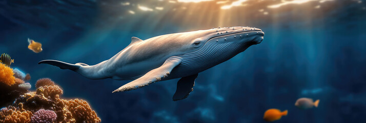 Obraz premium close up of whale in ocean among colorful fish