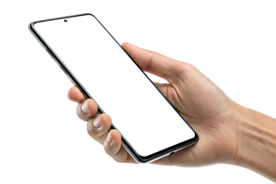 Hand, holding a modern smartphone with a blank white screen, cutout, PNG isolated on white or transparent background
