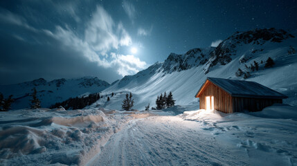Moonlit winter cabin in snowy mountain landscape under starry sky