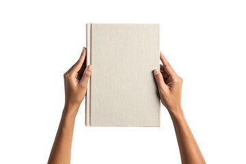 Obraz premium Hands, holding a blank textured off-white hardcover book, cutout, PNG isolated on white or transparent background
