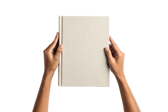 Hands, holding a blank textured off-white hardcover book, cutout, PNG isolated on white or transparent background