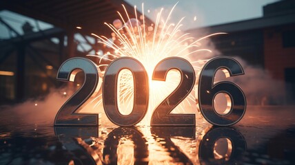 Shiny 2026 numbers illuminated by fireworks sparkles and smoke