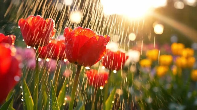 4K Ultra HD closeup of vibrant red tulips blooming in soft sunlight with gentle rain falling, creating a magical atmosphere