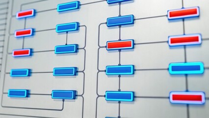 Fototapeta premium A digital flowchart with colorful blocks and connecting lines, showcasing a structured process or system in a modern design.