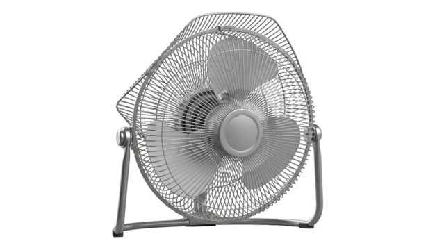 A gray electric fan with three blades inside a protective cage, set against black