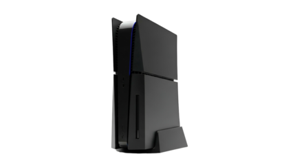 A sleek, black, futuristic-looking video game console, standing vertically on a dark background