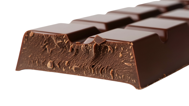 Macro close-up of a chocolate bar edge, revealing texture against black background