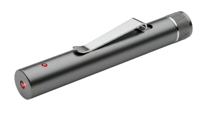Metallic pen-like object with a clip, red light emitted, on black background