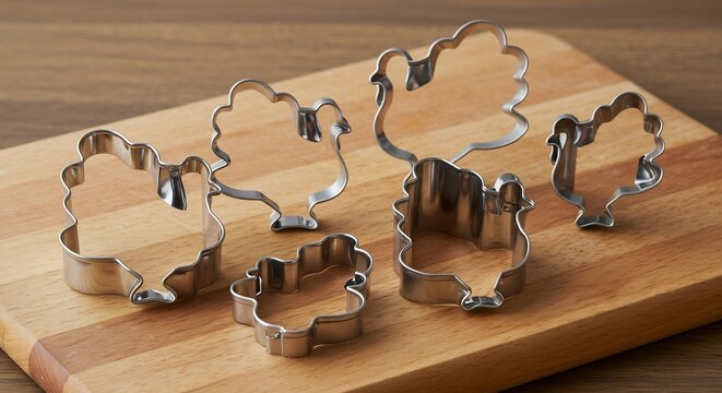 Metal cookie cutters shaped like turkeys on a wooden cutting board.