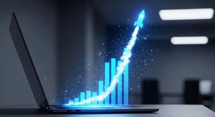 Rising Chart and Rocket on Laptop Screen Showing Growth