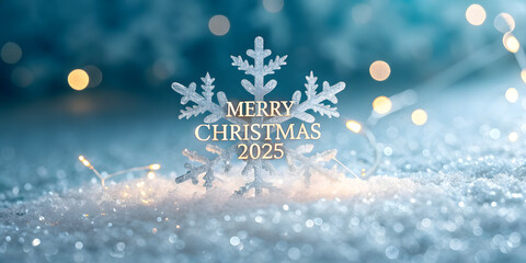 Christmas background image featuring delicate macro snowflake with glowing bokeh and elegant Merry Christmas 2025 golden text overlay.
