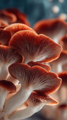 Lush, vibrant mushrooms with intricate gills and rich reddish brown hue create stunning visual display in this macro photography. delicate details evoke sense of wonder and beauty in nature