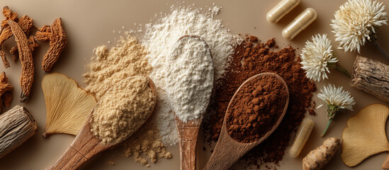 Natural spices and herbal supplements arranged neutral background, showcasing various textures and colors. image features wooden spoons filled with different powders, alongside dried herbs